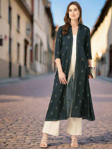 Floral Ethnic Motif Printed Open Front Longline Shrug - RueCollections